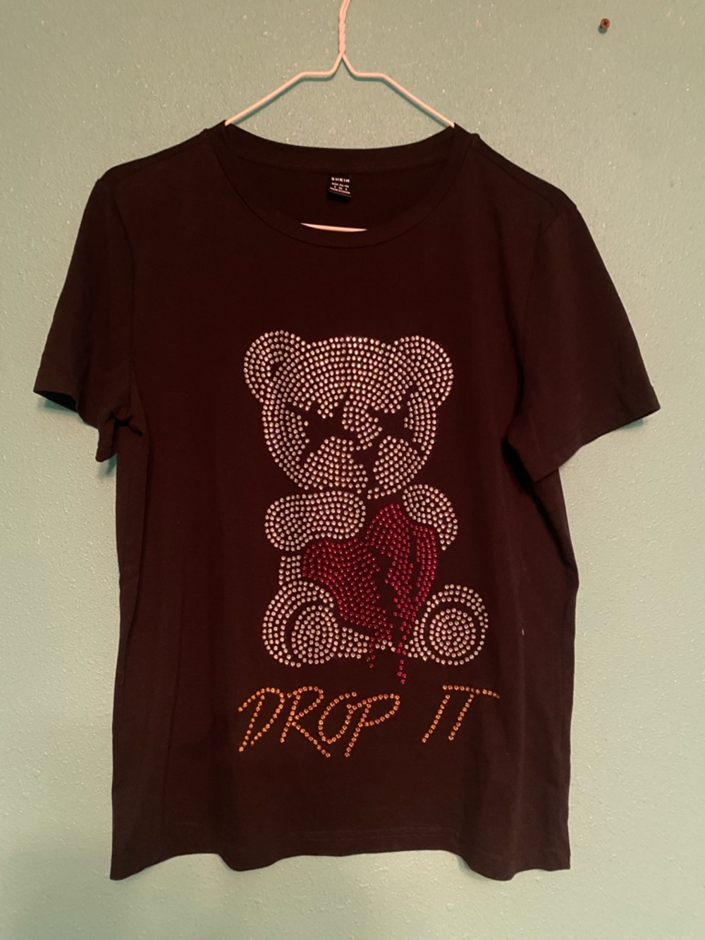 SHEIN Black Short Sleeve Tee with Rhinestone Teddy and Red Heart